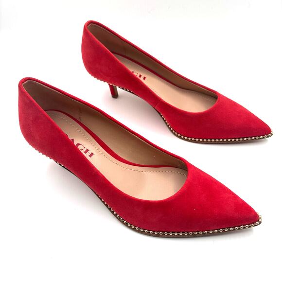 Coach Jackie Red Suede Pump 6.5 Gold Trim Elegant Chic Party Heels Holiday Shoes - Picture 4 of 11